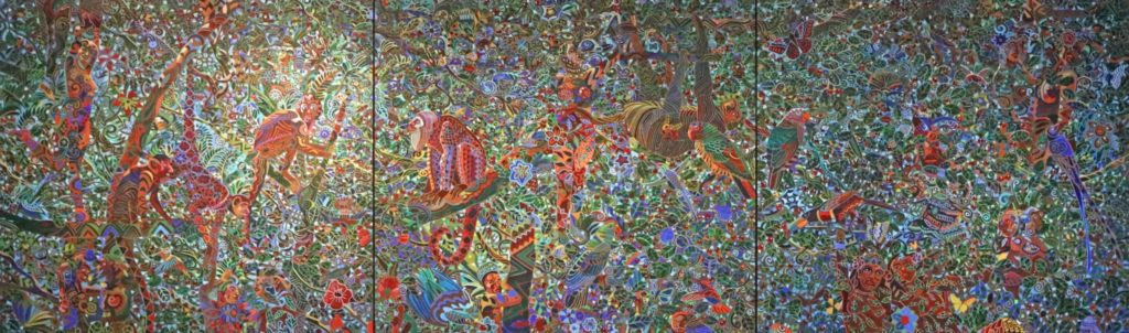 A large and wide 3-panel painting of a detailed jungle scene, with monkeys, parrots, vines, and many other jungle details.