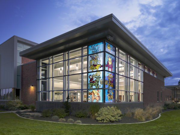 stained glass windows in school library