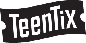 TeenTix logo white text on black ticket stub